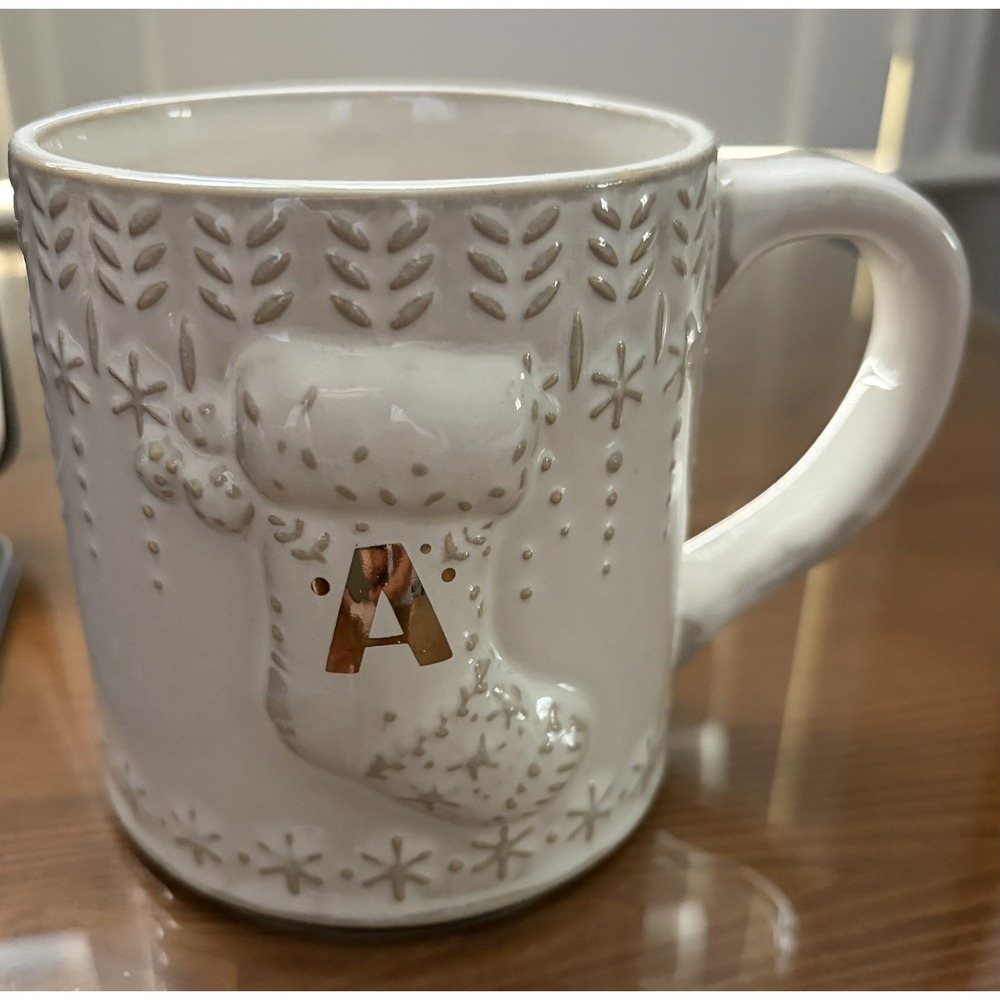 Anthropologie Snowcap Reactive Glazed Monogram "A" White Gray Winter Coffee Mug